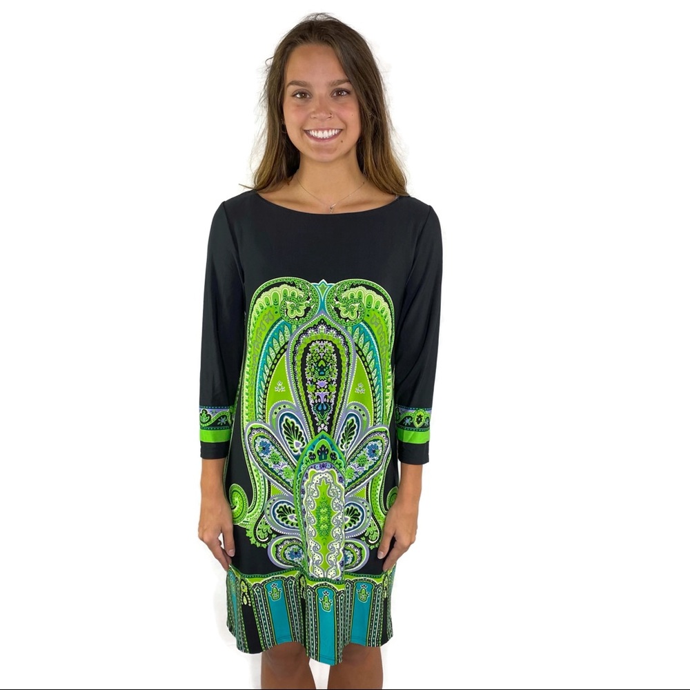 Tiana B Black & Turquoise Long Sleeve Easy Wear No Wrinkle Dress size Small